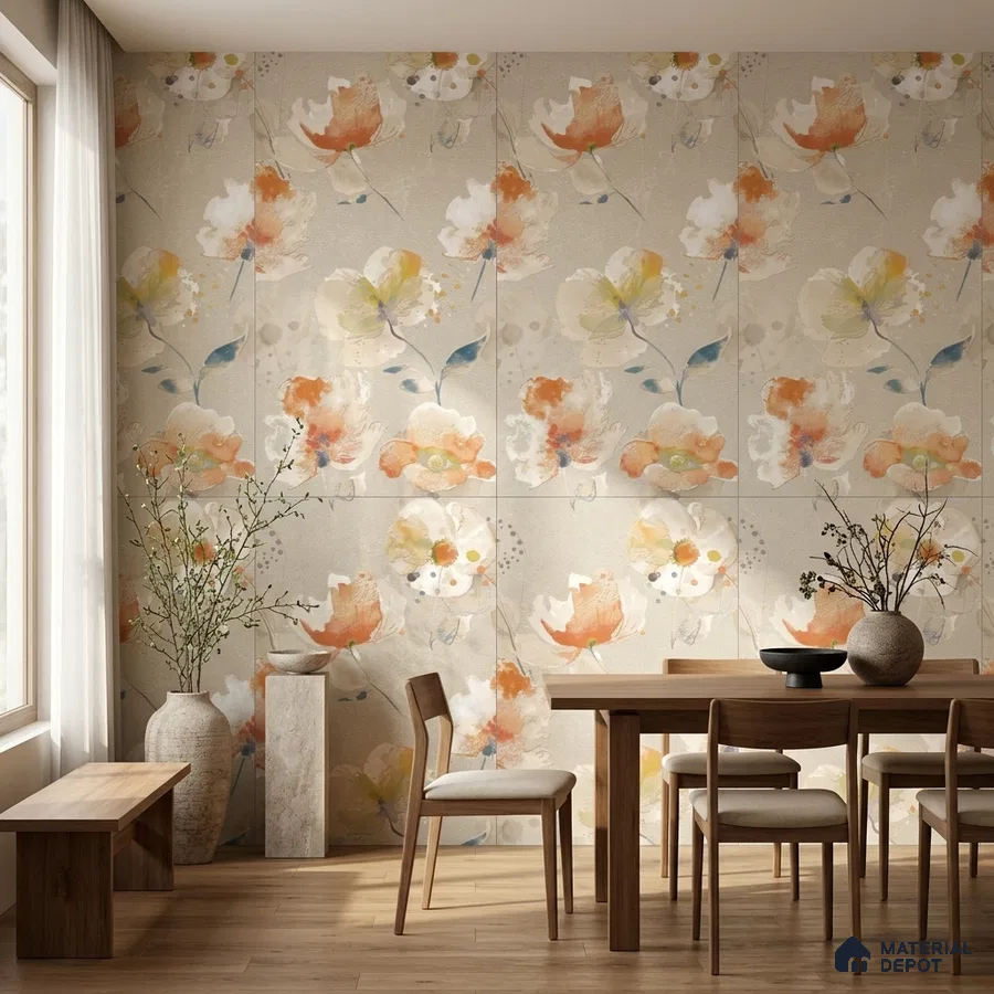 Scandinavian dining room with floral tile and light oak wood furniture