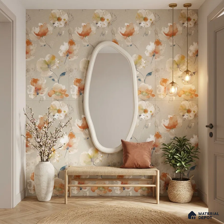 Scandinavian foyer with floral tile, natural wood bench, and herringbone wooden flooring