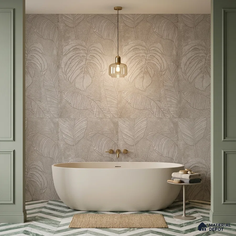 Modern bathroom with leaf-patterned beige wall tiles and chevron green-and-white floor tiles