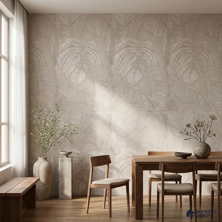 Scandinavian dining room with beige tropical patterned tile and natural wood furniture