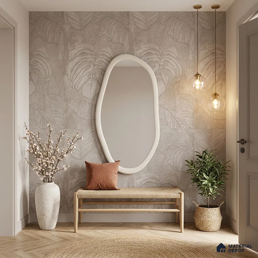 Scandinavian foyer with beige leaf-patterned tile and natural wood bench