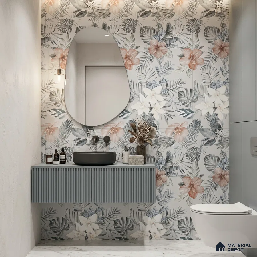 Modern bathroom with floral patterned wall tiles, fluted vanity, and marble floor tiles