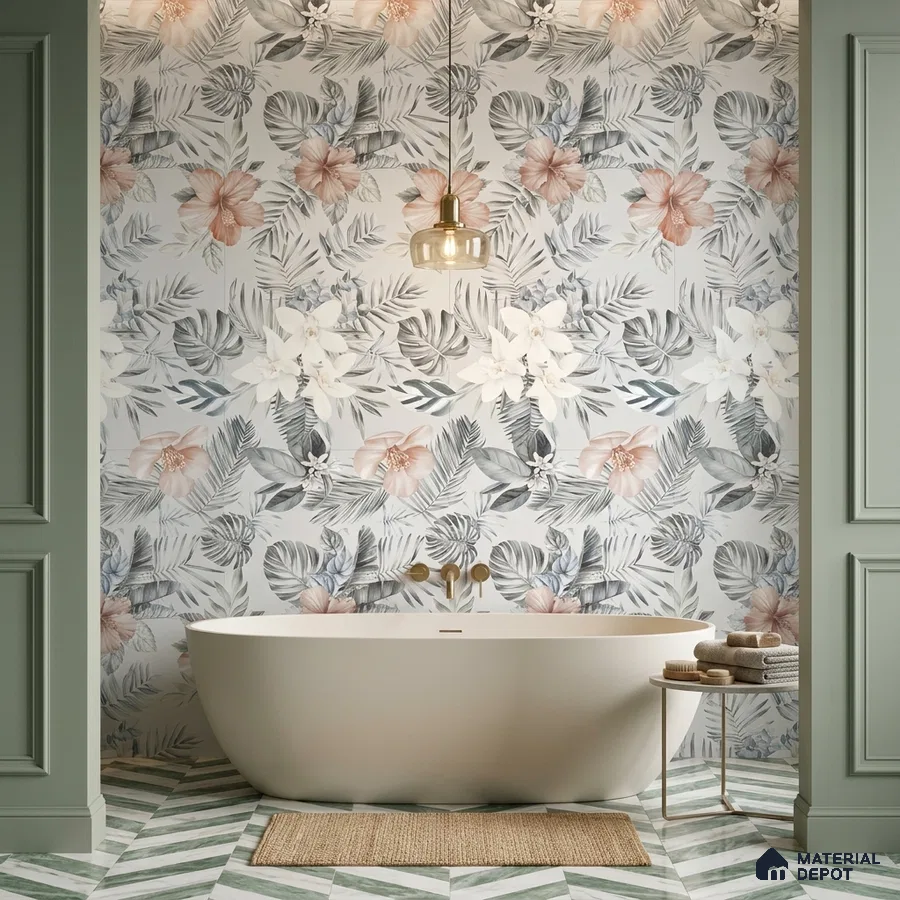 Modern bathroom with floral tropical wall tiles and chevron green-and-white floor tiles