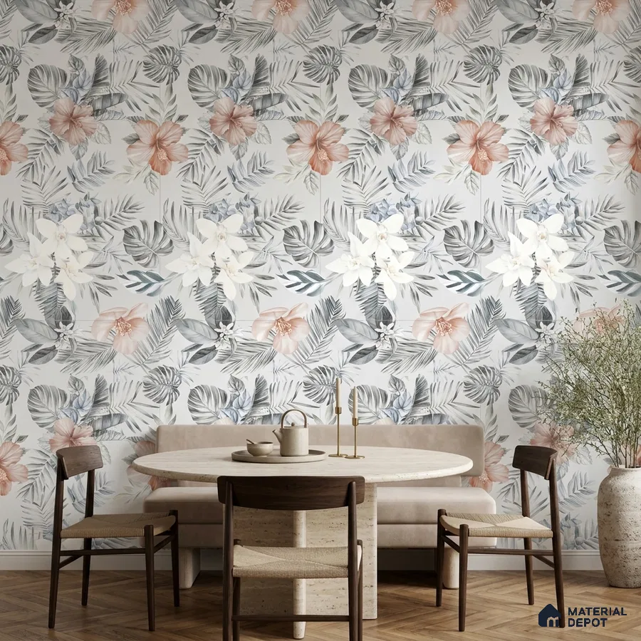 Modern dining room with floral tile, travertine table, and wooden chairs