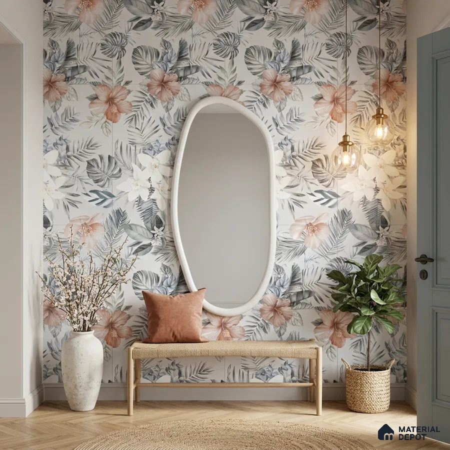 Scandinavian foyer with floral tile, natural wood bench, and herringbone wooden flooring