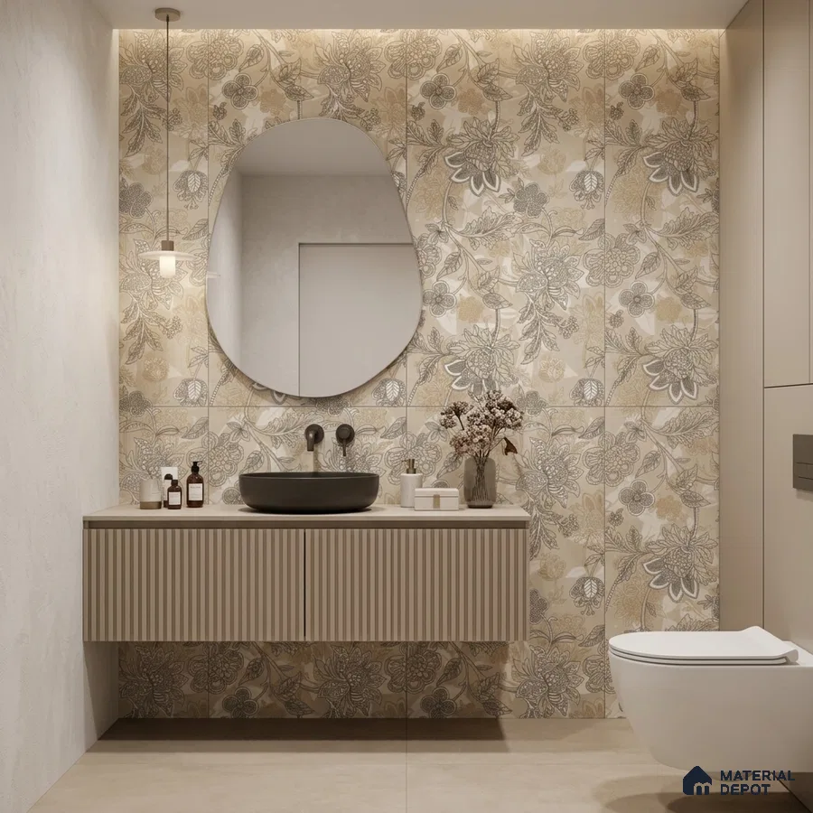 Modern bathroom with beige floral patterned wall tiles and fluted vanity