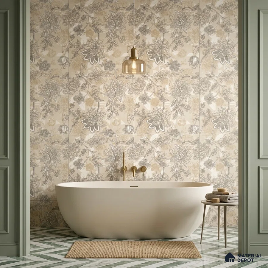 Modern bathroom with beige floral wall tiles and chevron patterned green and white floor tiles