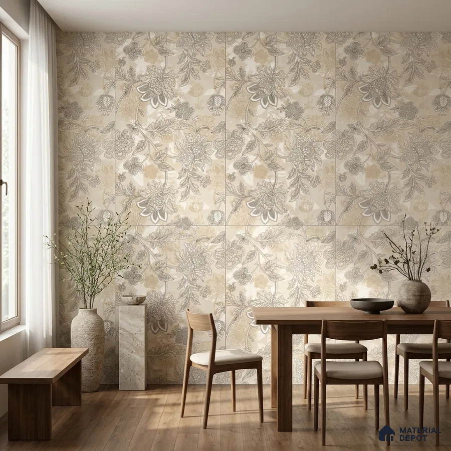 Scandinavian dining room with floral patterned tile and natural wood furniture