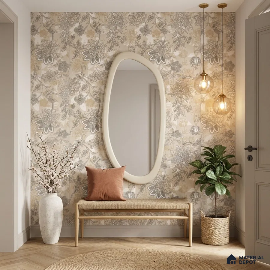 Scandinavian foyer with beige floral tile, light wood bench, and herringbone wooden flooring