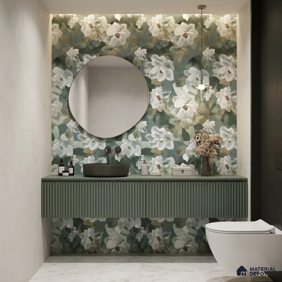 Modern bathroom with floral highlighter wall tiles, sage green fluted vanity, and white marble floor tiles