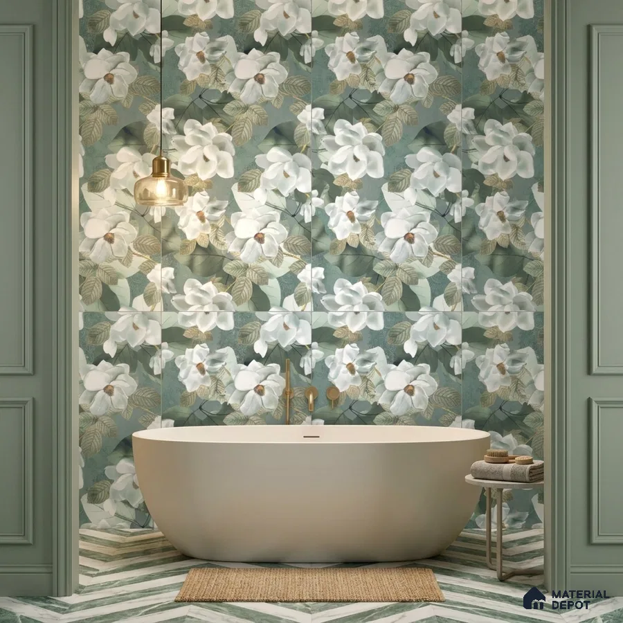 Modern bathroom with floral highlighter wall tiles and chevron patterned floor tiles