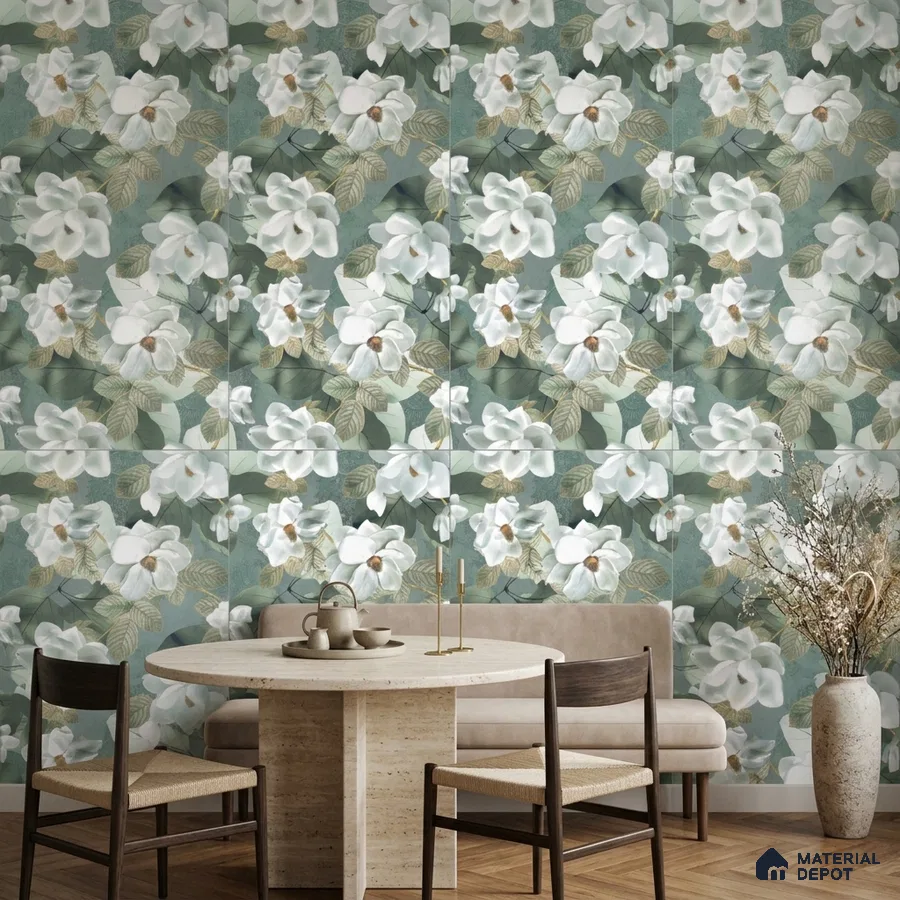 Modern dining room with floral tile and travertine dining table