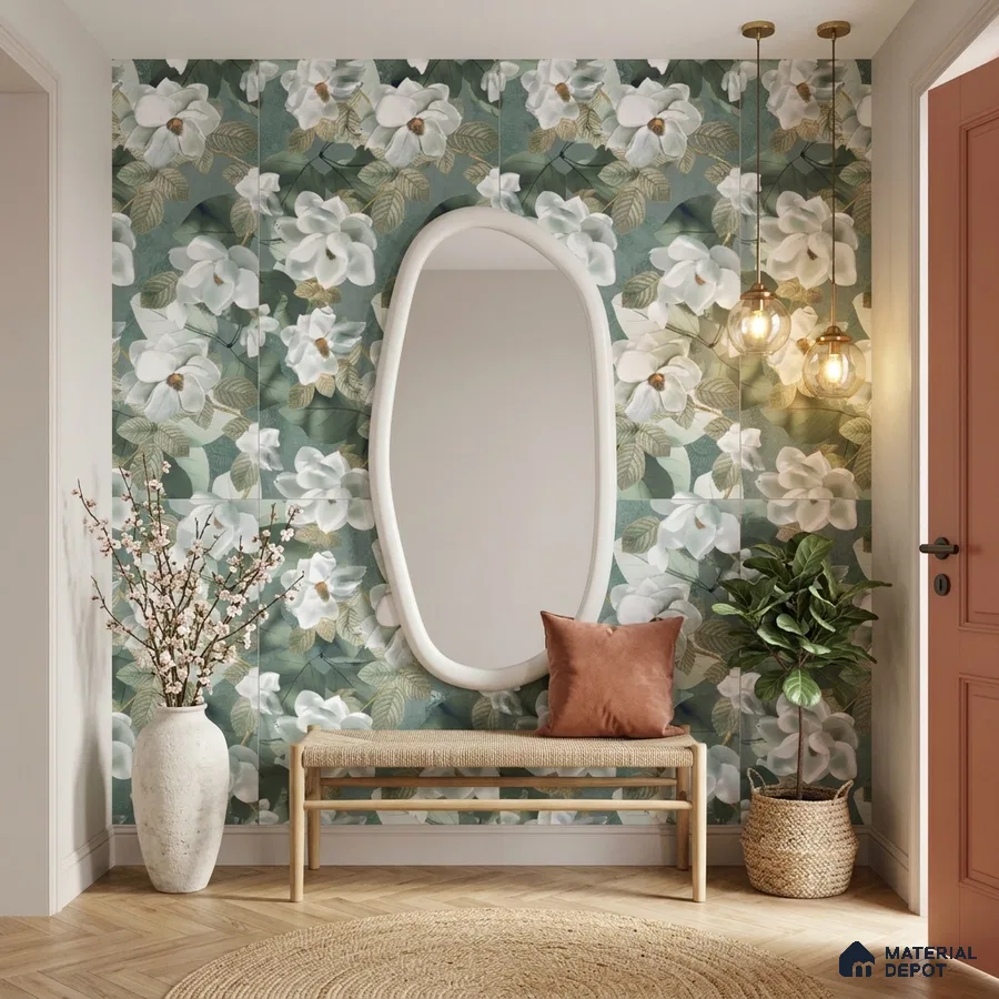 Scandinavian foyer with floral tile, natural wood bench, and herringbone wooden flooring