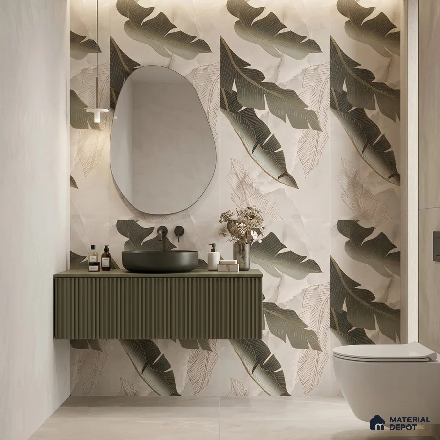 Modern bathroom with tropical leaf highlighter wall tiles and olive green fluted vanity