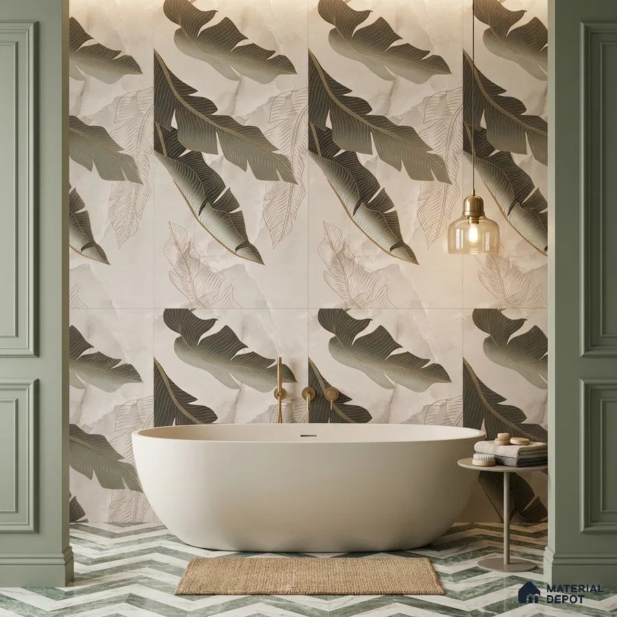 Modern bathroom with tropical leaf highlighter wall tiles and green chevron floor tiles