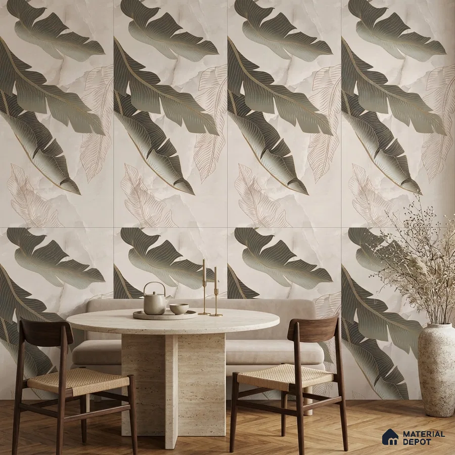 Scandinavian dining room with tropical leaf patterned tile and travertine dining table