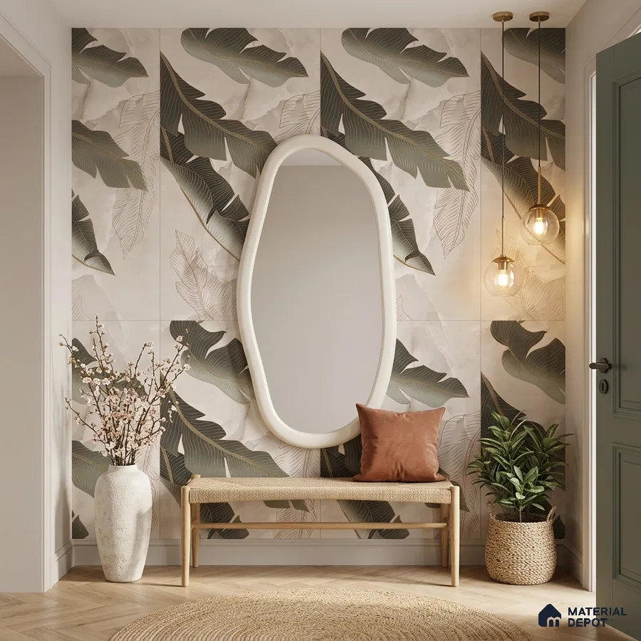Scandinavian foyer with tropical leaf tile, natural wood bench, and herringbone wooden flooring