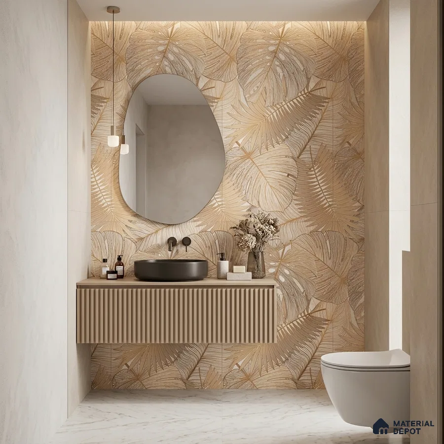 Modern bathroom with beige tropical leaf tile, fluted vanity, and marble floor tile