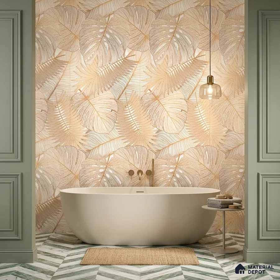 Modern bathroom with beige tropical tile and chevron green marble floor tiles