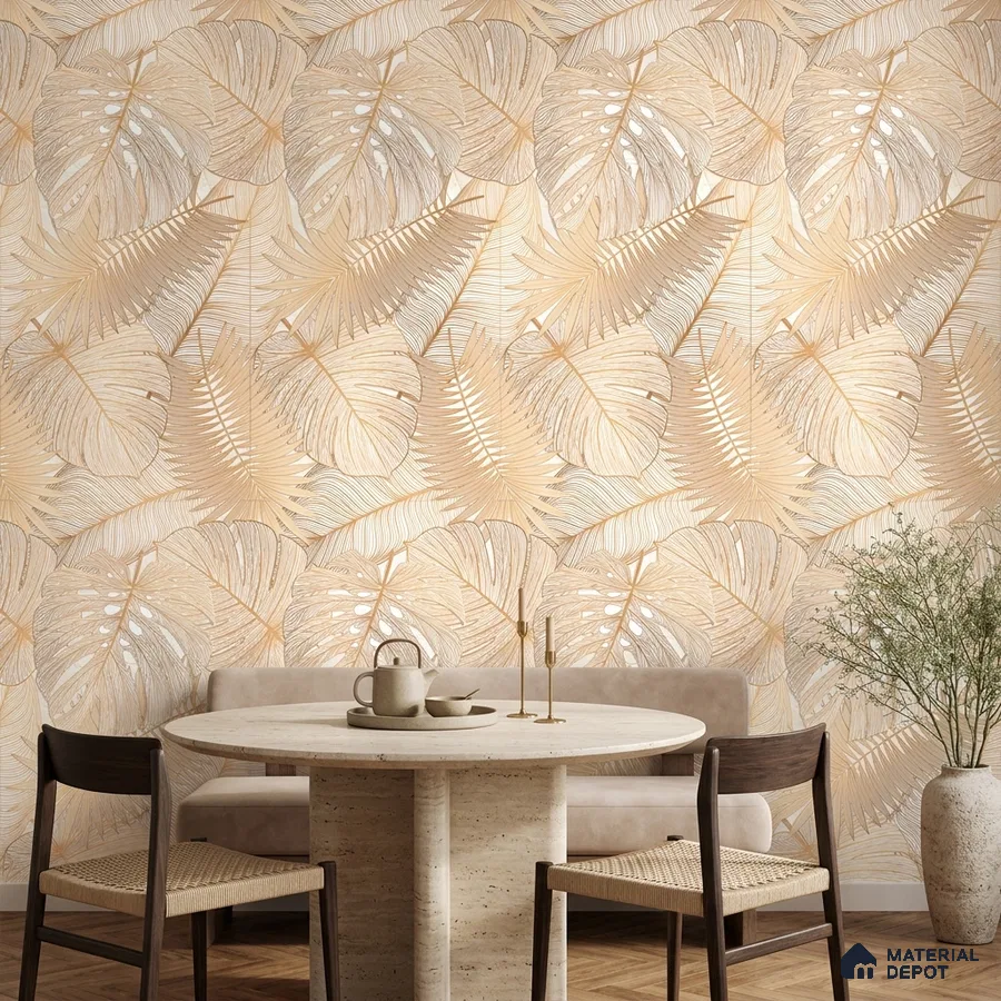 Scandinavian dining room with beige tropical tile and travertine round dining table