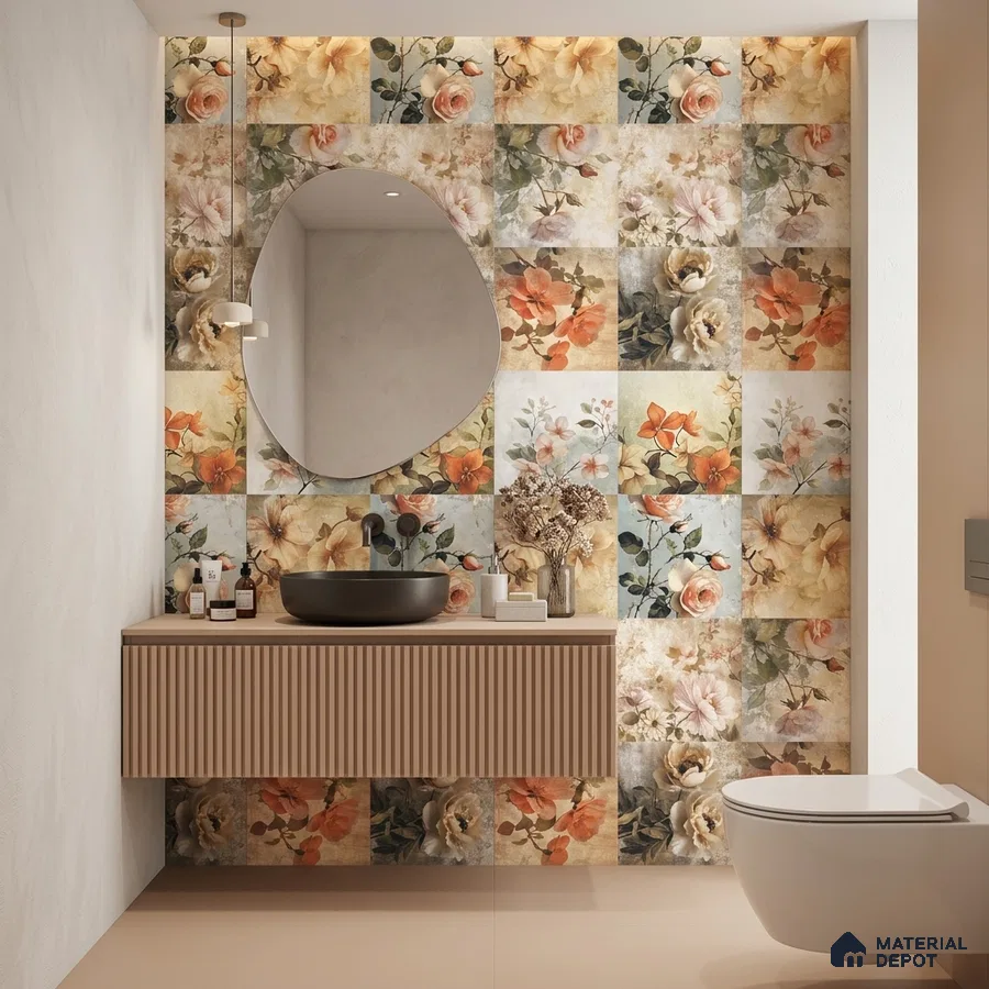 Modern bathroom with floral patterned wall tiles and fluted beige vanity