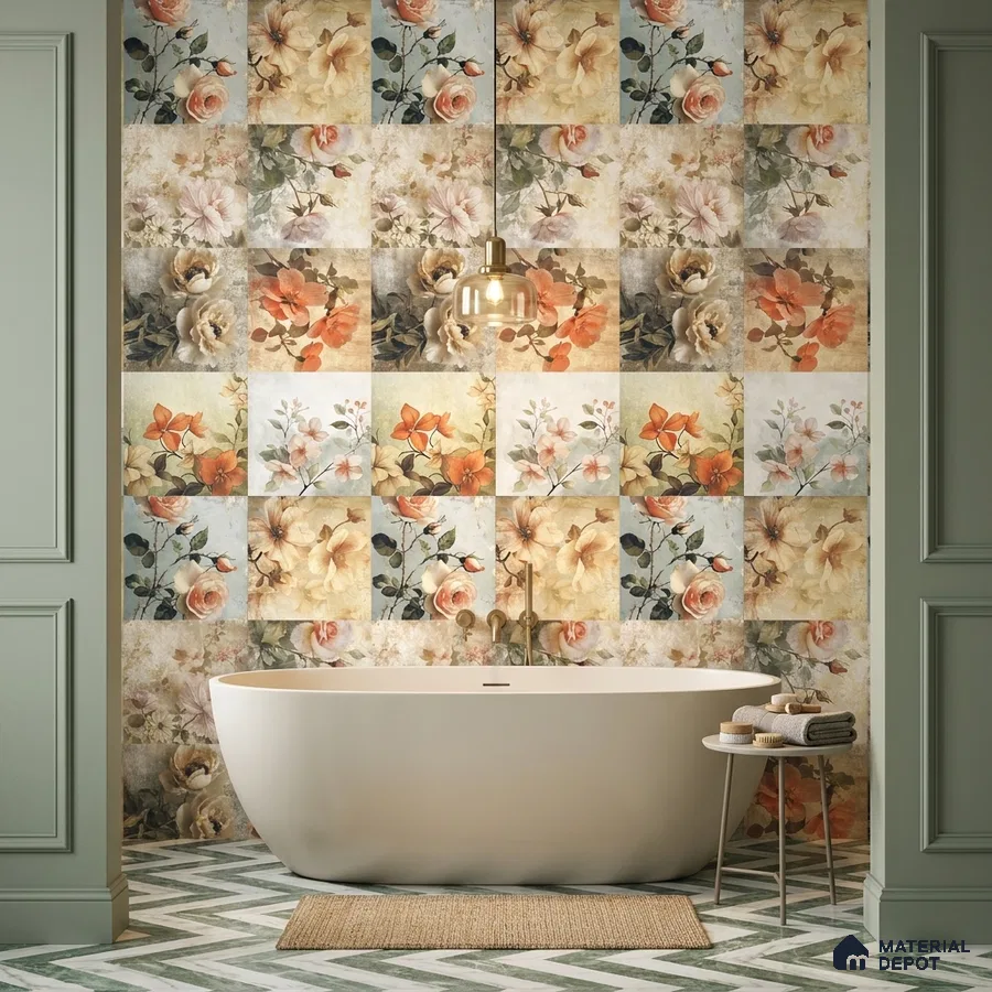 Eclectic bathroom with floral patterned wall tiles and chevron green-and-white floor tiles