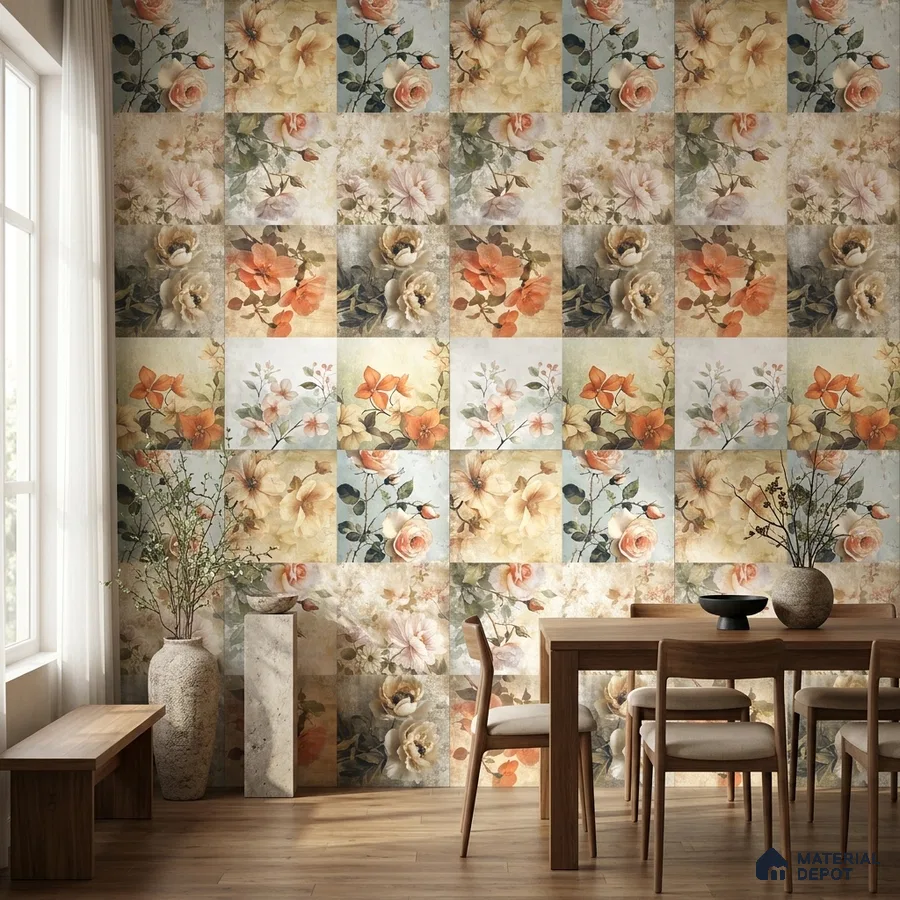 Eclectic dining room with floral patterned tile and natural wood dining set