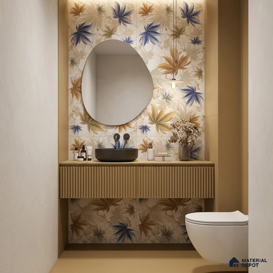 Modern bathroom with floral patterned wall tile, beige fluted vanity, and matte black basin