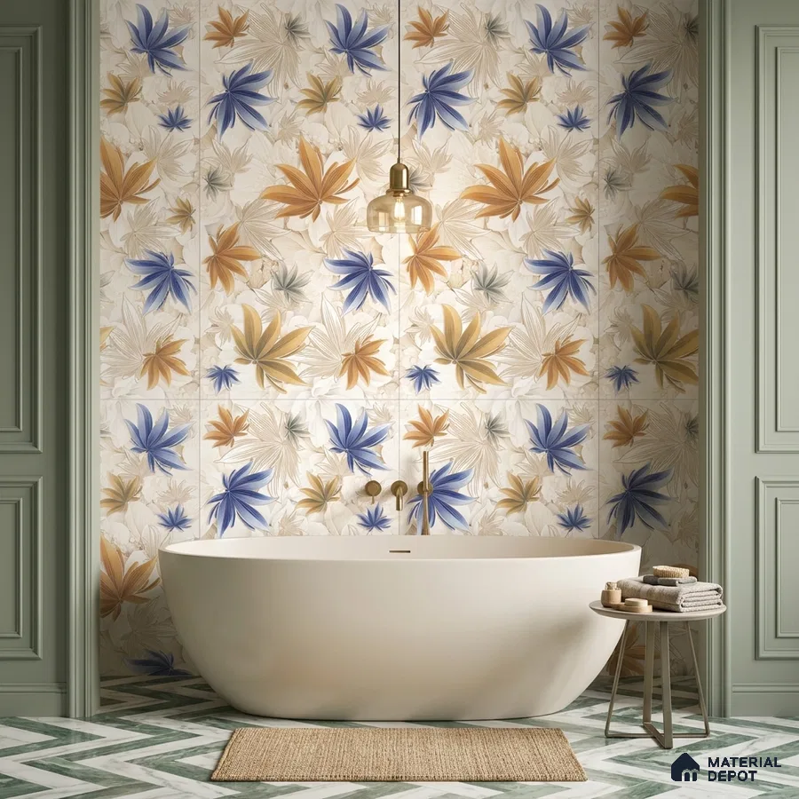 Modern bathroom with floral patterned wall tiles and chevron marble floor tiles