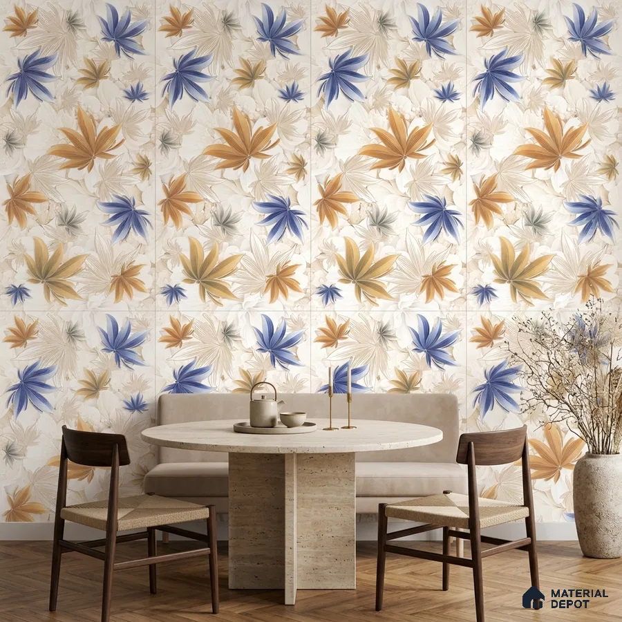 Modern dining room with floral tile, travertine table, and wooden flooring
