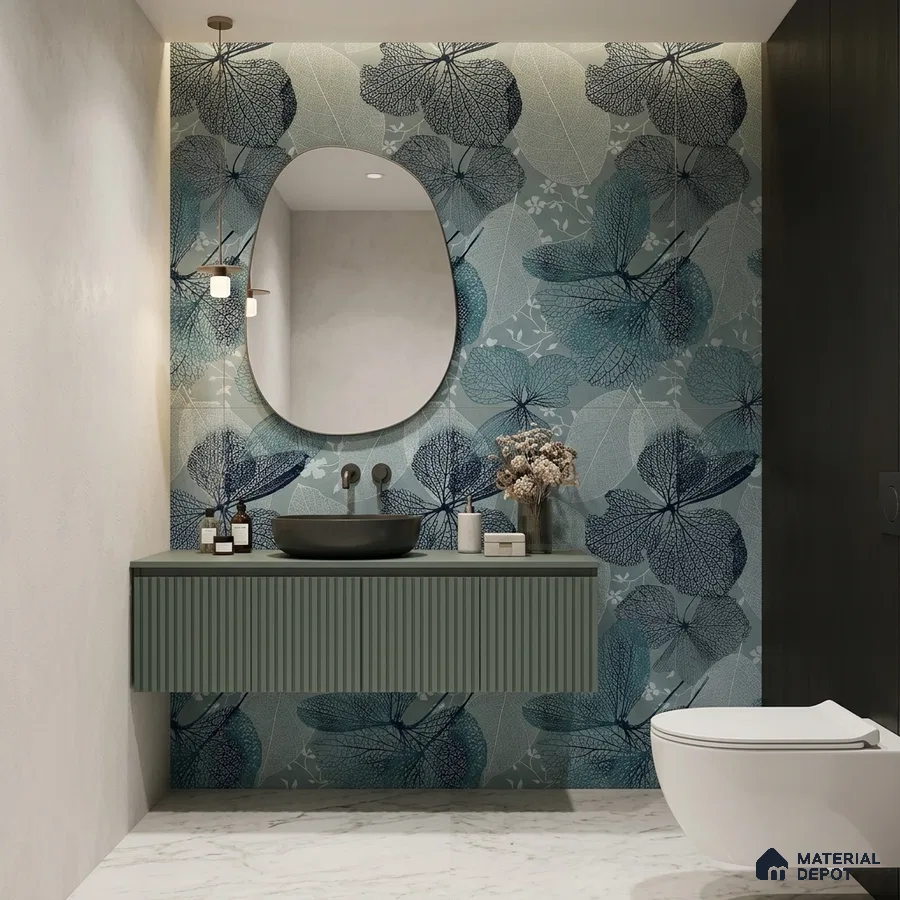 Modern bathroom with blue floral tile, sage green fluted vanity, and white marble floor tile