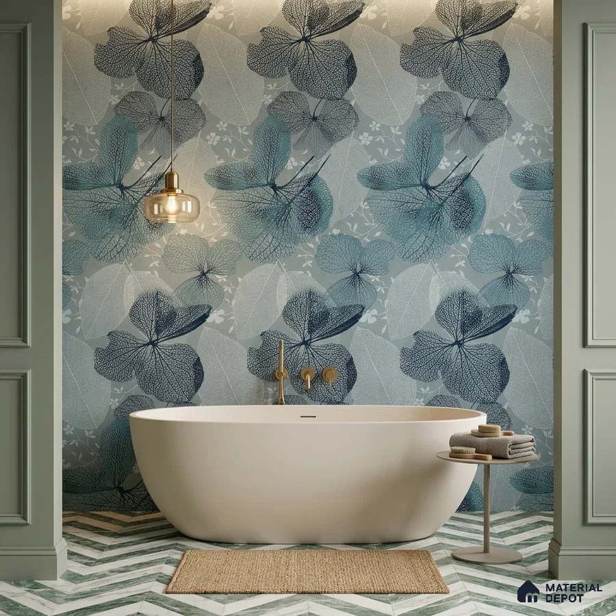 Modern bathroom with blue floral tile and green chevron floor tiles