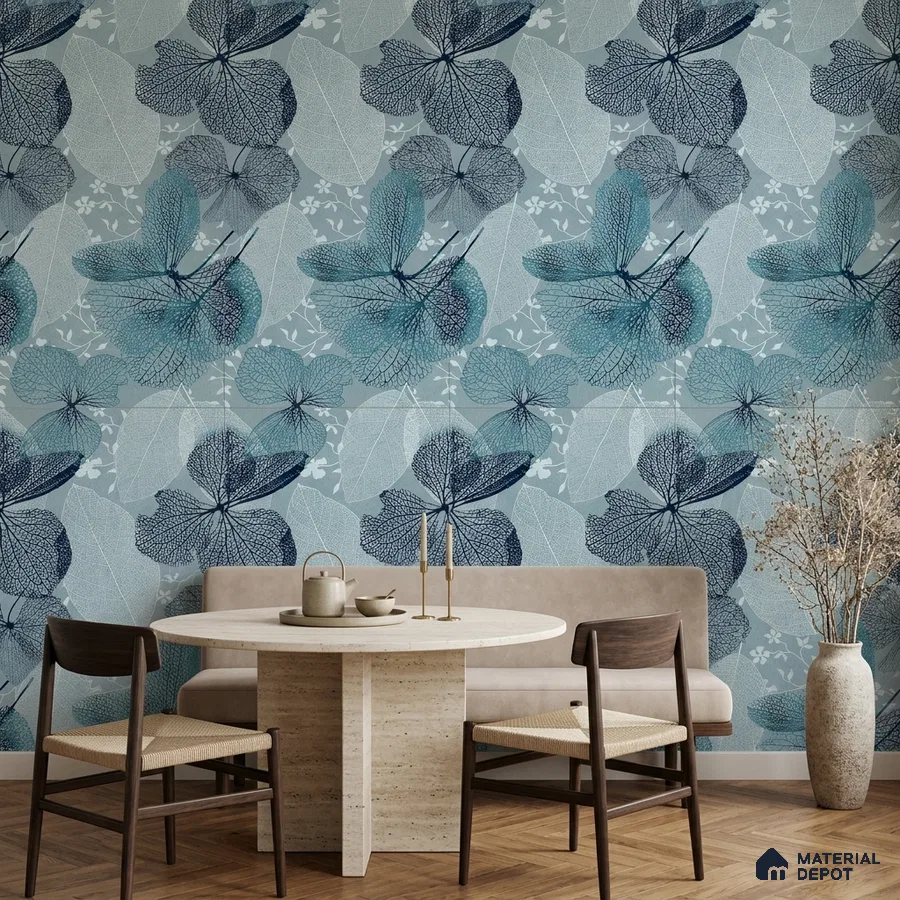 Scandinavian dining room with blue floral tile and travertine dining table