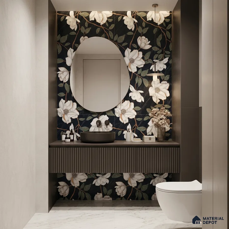 Modern bathroom with floral tile accent, fluted vanity, and white marble floor tile