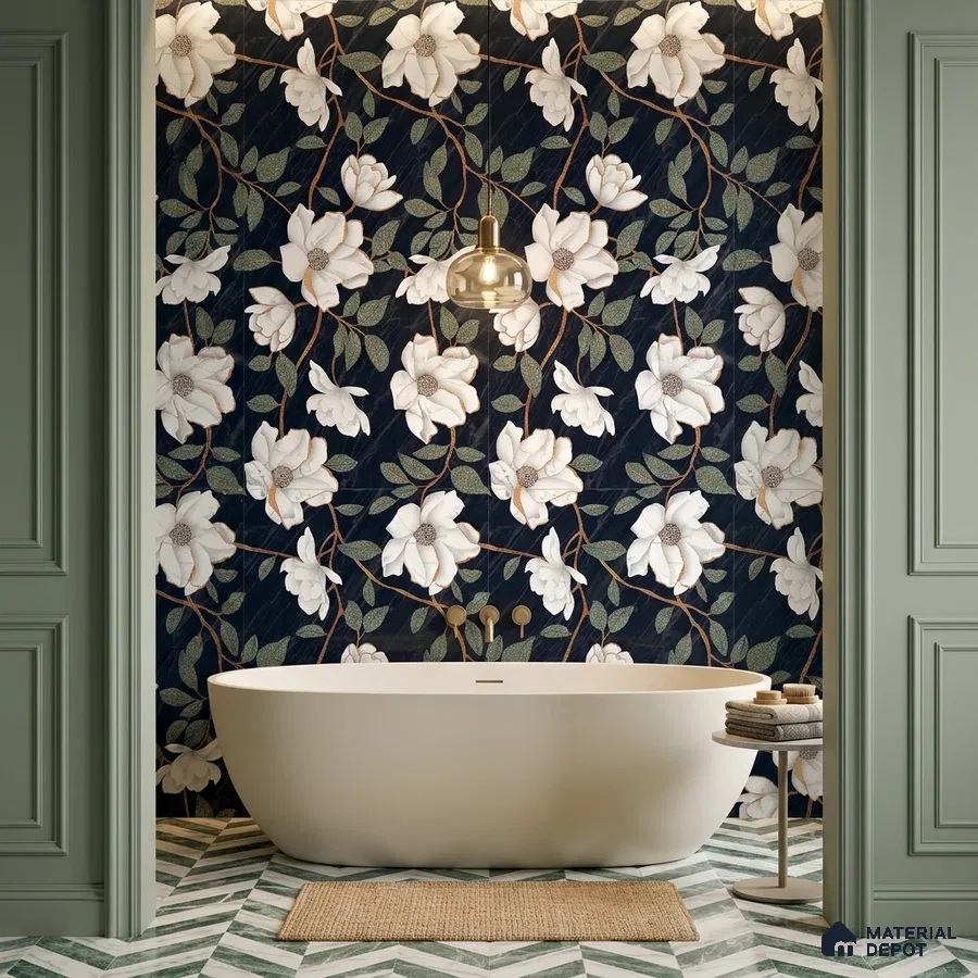 Modern bathroom with floral patterned wall tile and chevron green-and-white floor tile