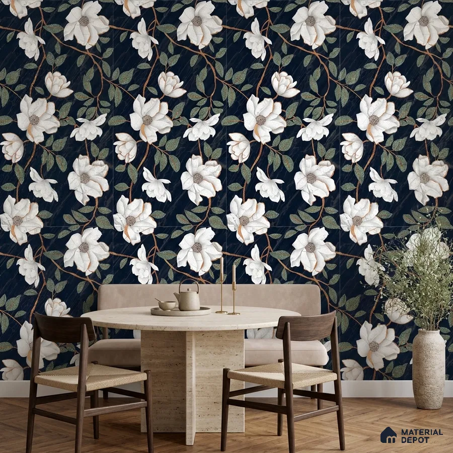 Modern dining room with bold floral tile and travertine table