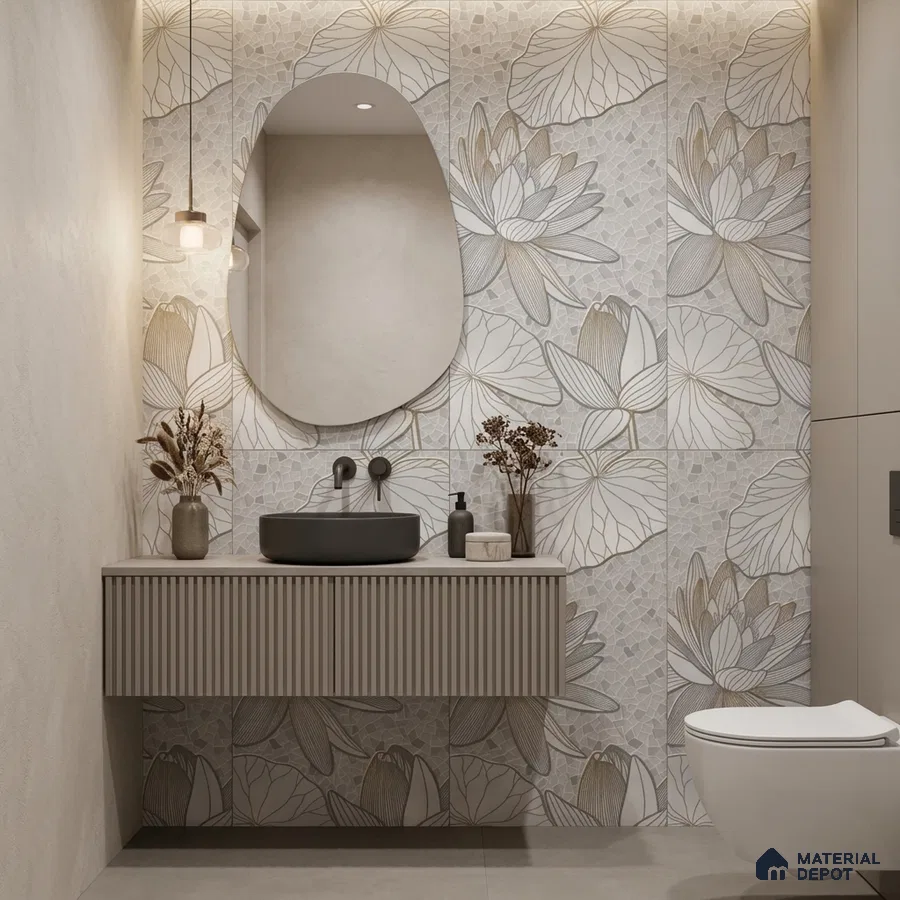 Modern bathroom with floral patterned wall tiles and fluted vanity in neutral tones