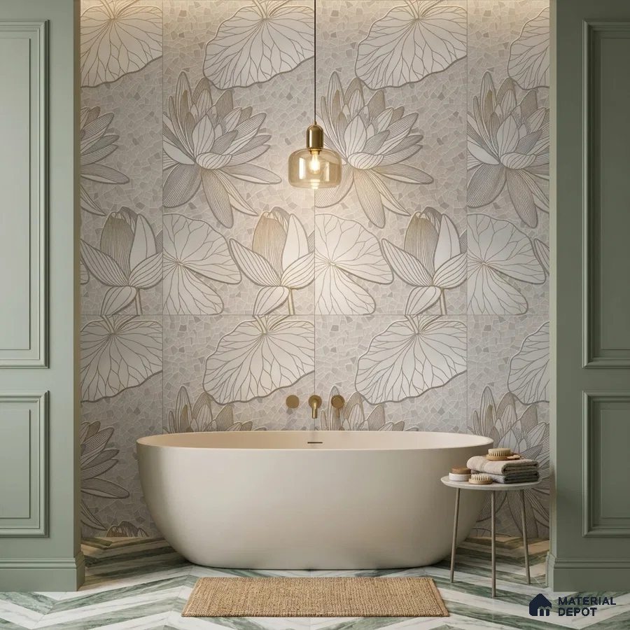 Modern bathroom with floral patterned wall tiles and chevron marble floor tiles