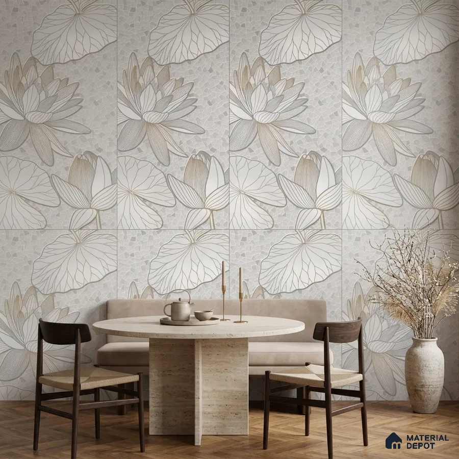 Scandinavian dining room with floral patterned tile and travertine dining table