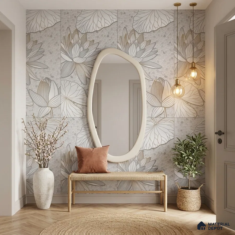 Scandinavian foyer with floral patterned tile, natural wood bench, and herringbone wooden flooring