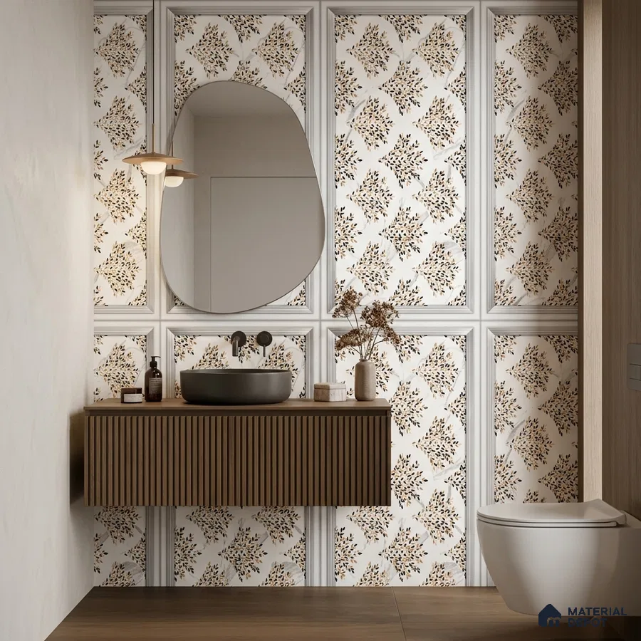 Modern bathroom with floral patterned wall tiles and fluted wood vanity