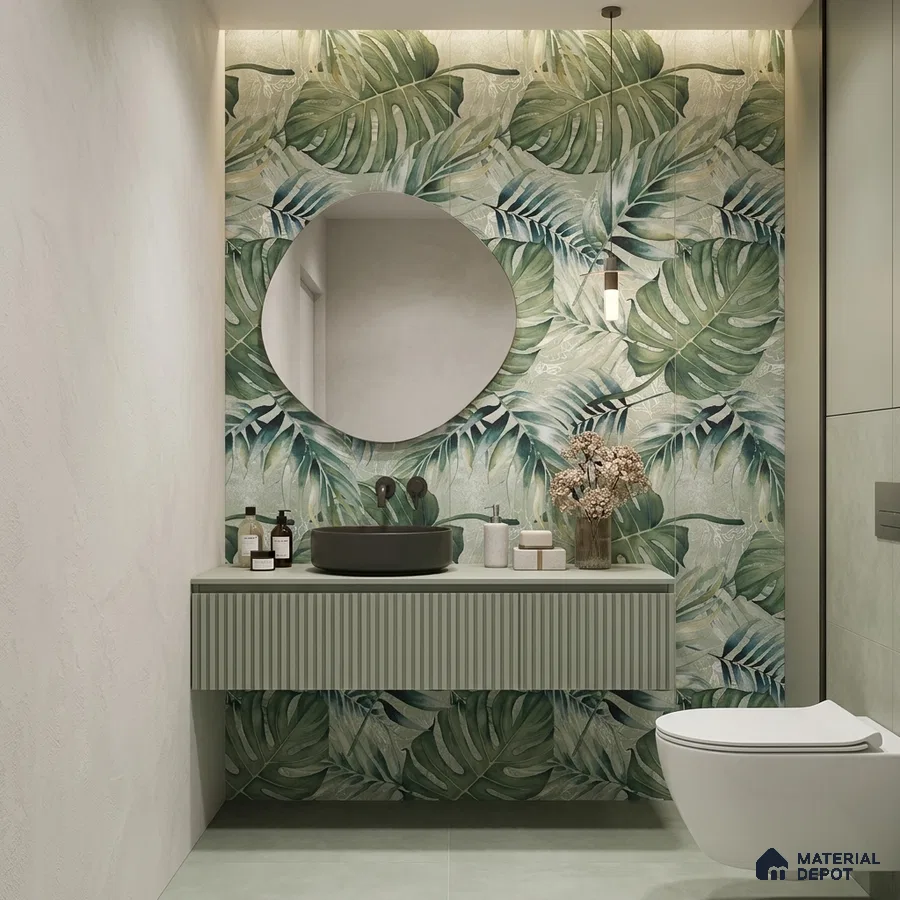 Modern bathroom with tropical leaf highlighter wall tile and sage green fluted vanity
