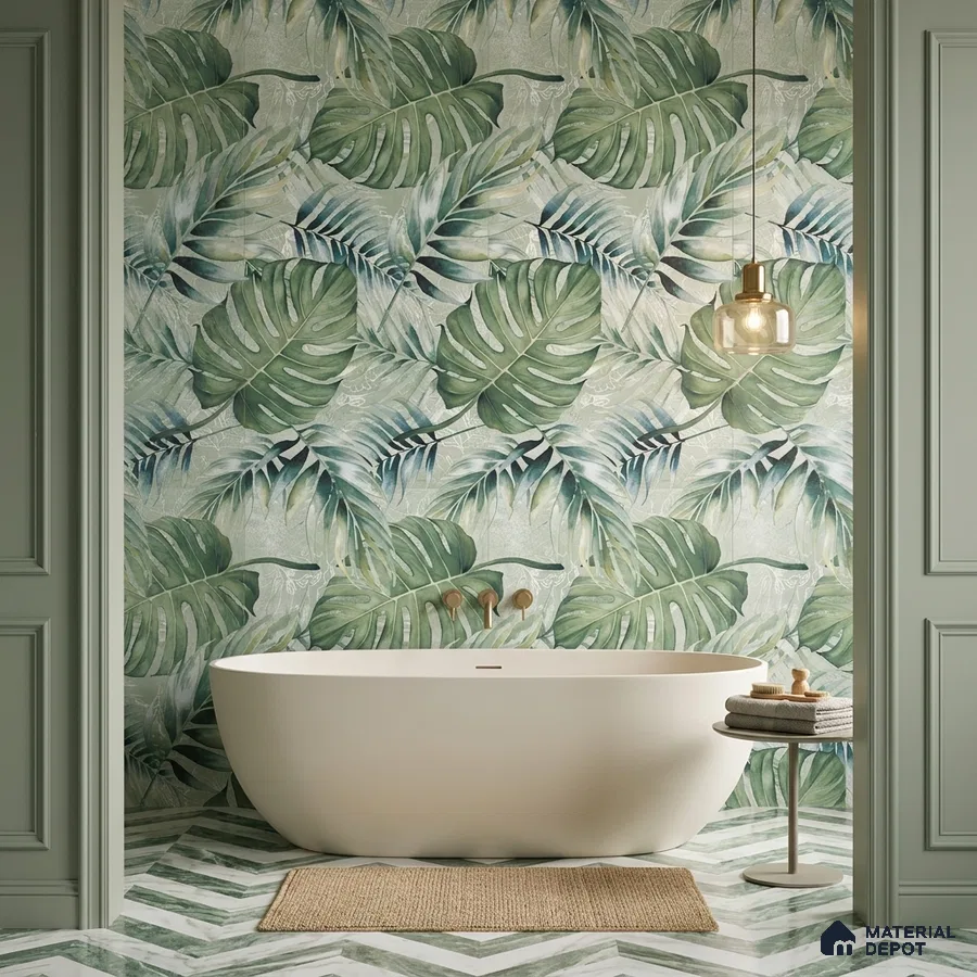 Modern bathroom with tropical tile and chevron marble floor tile