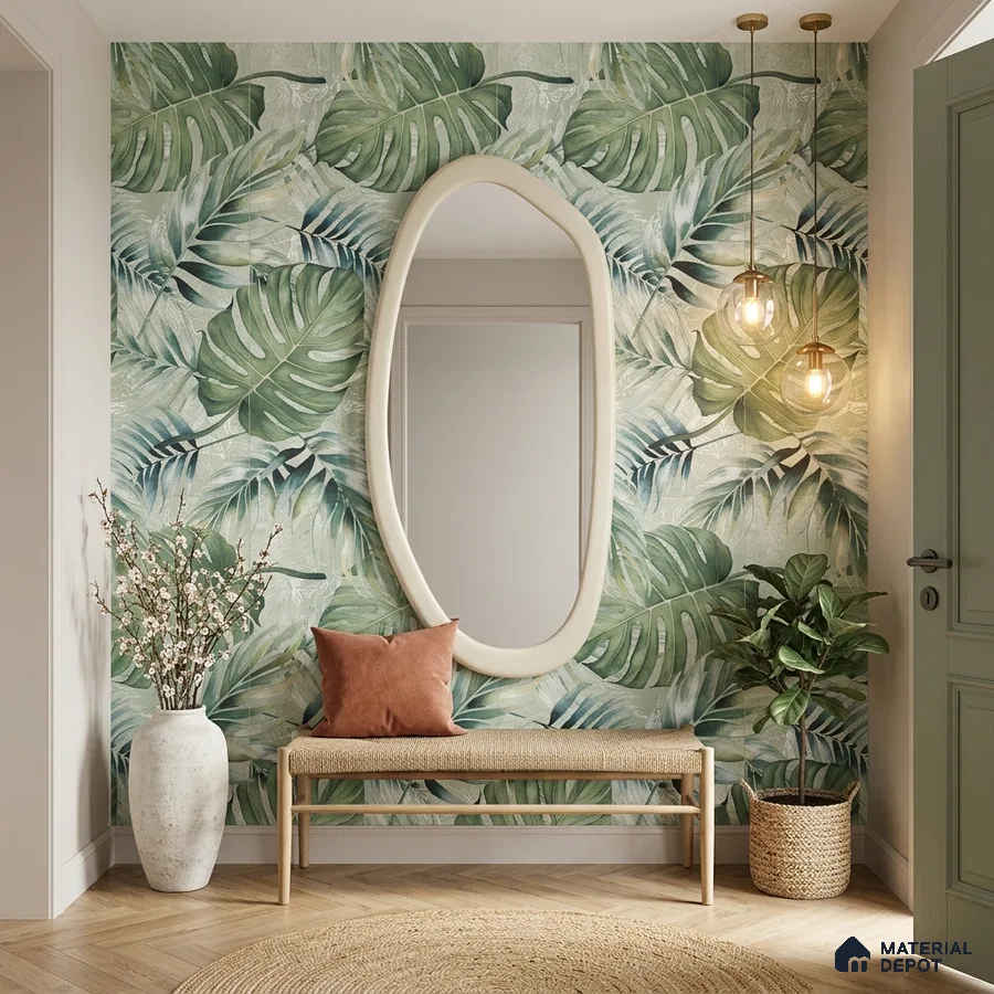Scandinavian foyer with tropical tile, natural wood bench, and herringbone wooden flooring