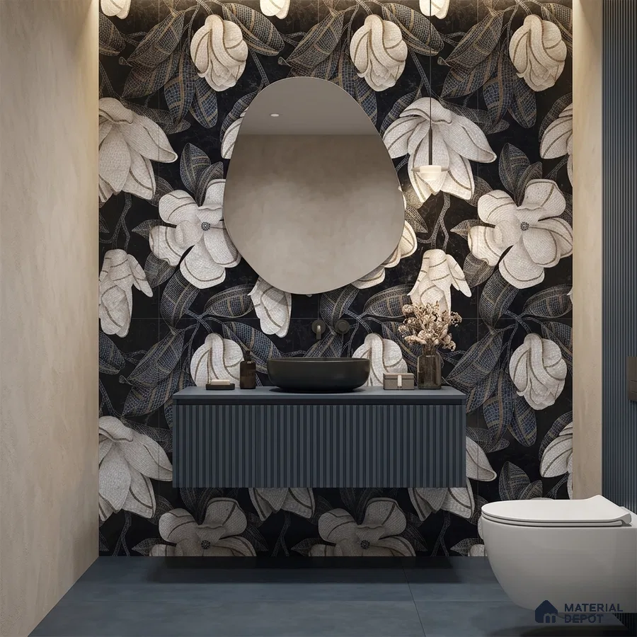 Modern bathroom with floral patterned highlighter wall tile and blue fluted vanity