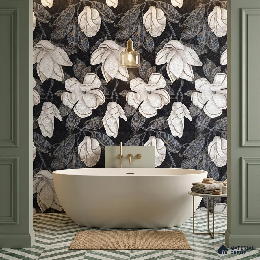 Modern bathroom with floral mosaic wall tiles and green chevron marble floor tiles