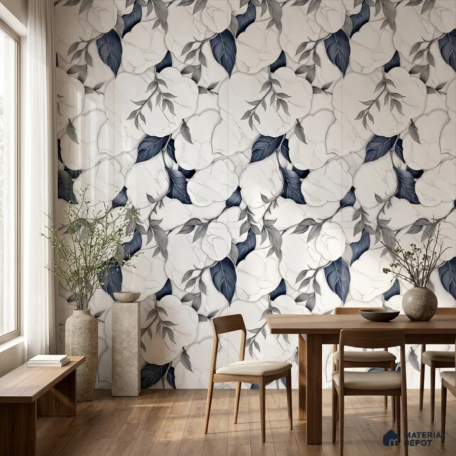Modern dining room with blue and white floral tile and natural wood flooring