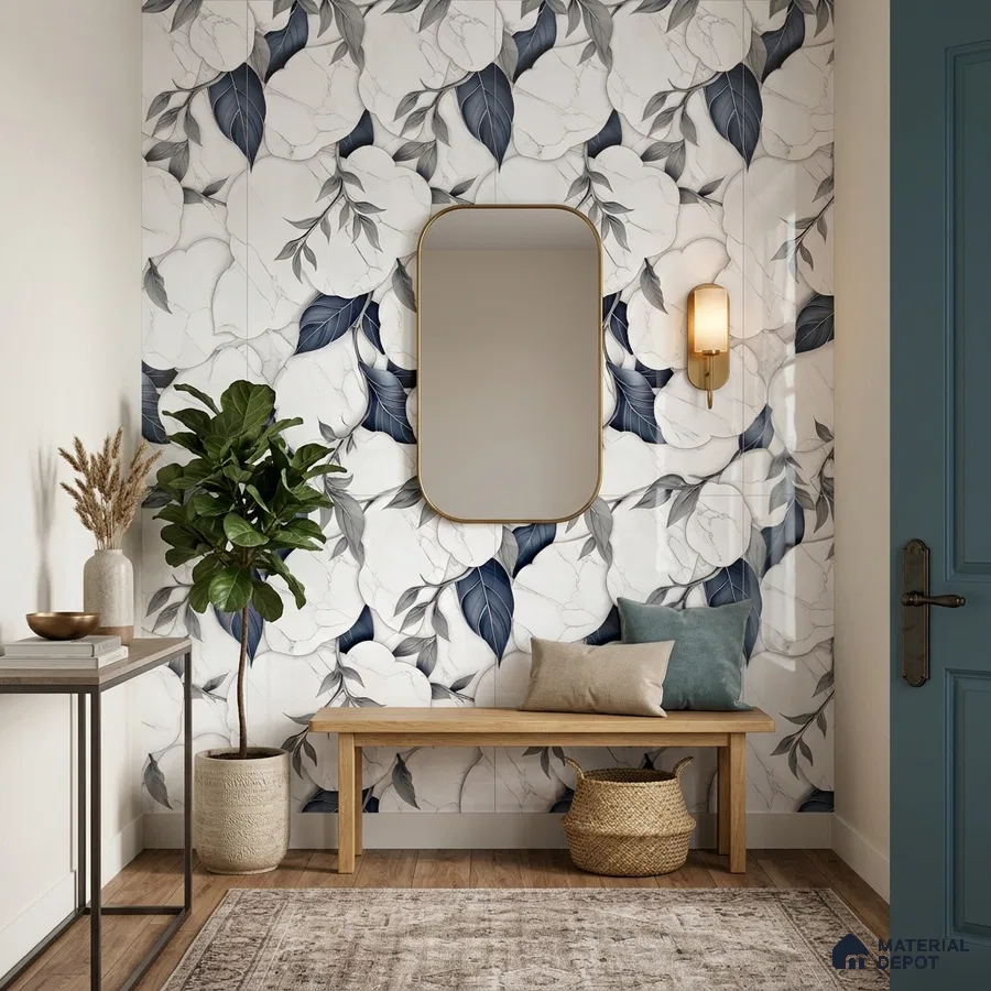Modern foyer with blue and white floral tile and light wood bench