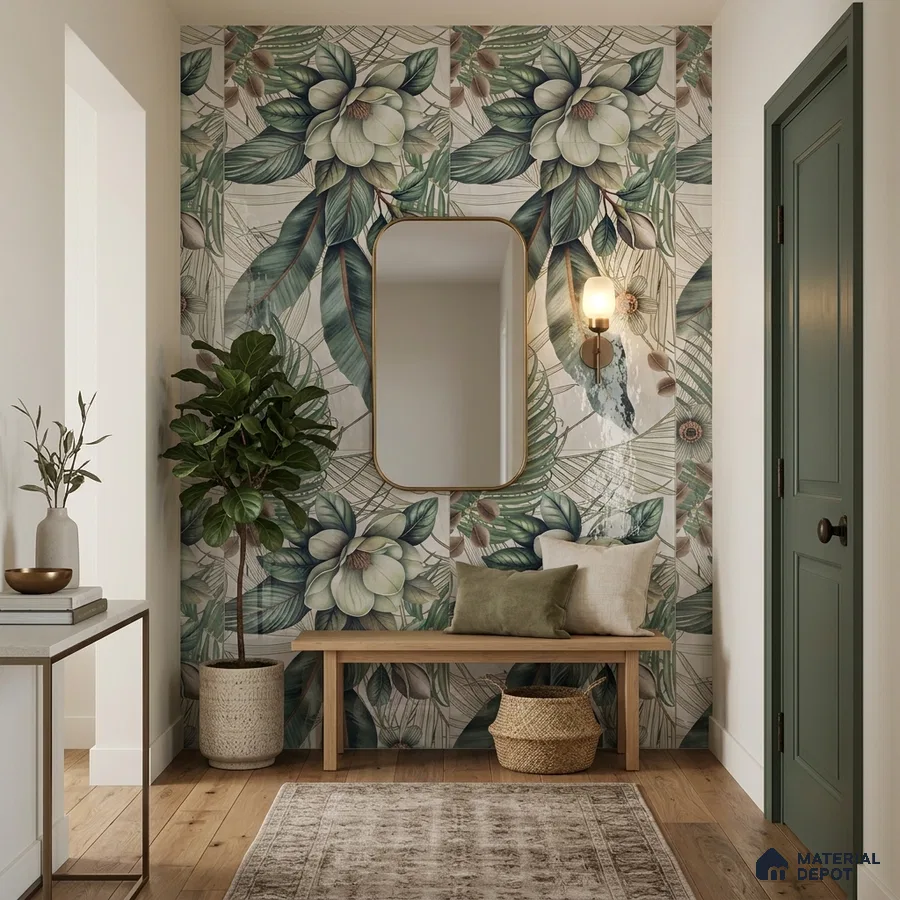 Modern foyer with floral tile, natural wood bench, and light oak wooden flooring