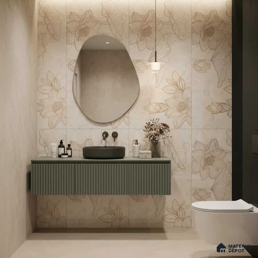 Modern bathroom with floral patterned wall tiles and olive green fluted vanity
